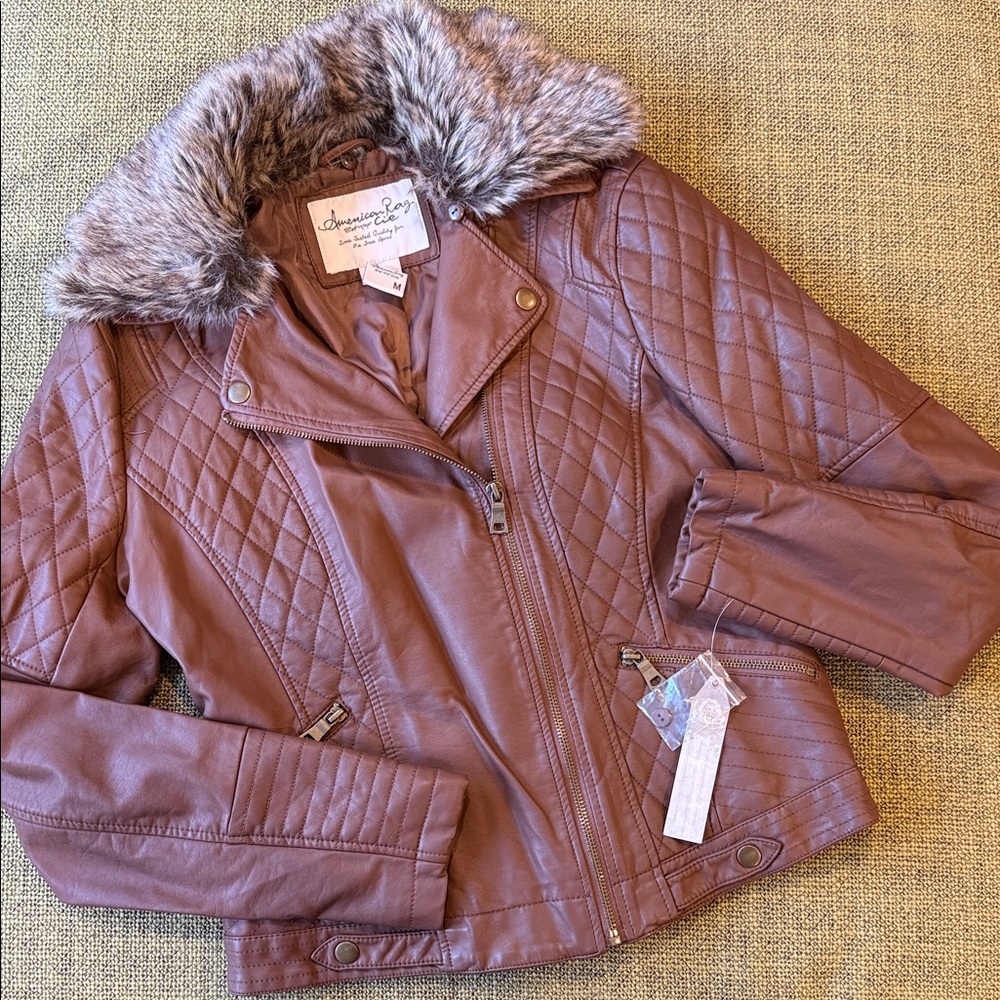 *NWT American Rag Vegan Leather bomber Moto Jacket brown, faux fur collar medium